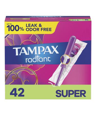 Tampax Radiant Tampons Super Absorbency with BPA-Free Plastic Applicator and LeakGuard Braid, Unscented, 42 Count Radiant Super (42ct) - Buy Online on GoSupps.com