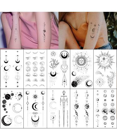 Esland Realistic Moon Sun Stars Space Planets Chain Temporary Tattoos Vertical Spine Tattoo Stickers for Women Men