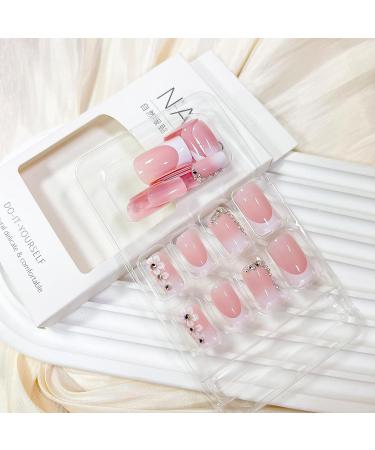 Medium Square Press on Nails - French Tip Pink Full Cover False Nails with Flower & Rhinestones - 24Pcs Spring Glue on Nails for Women & Girls - Buy Online on GoSupps.com
