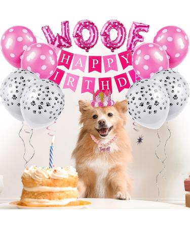Dog Birthday Party Supplies Set - Pink Tutu Skirt, Crown Hat, Bandanas, Banner, Balloons, Toy & Pearl Necklace - Buy Online on GoSupps.com