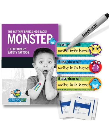 Monster 6pk SafetyTat Child ID Tattoos includes skin prep wipes and tattoo marking pen