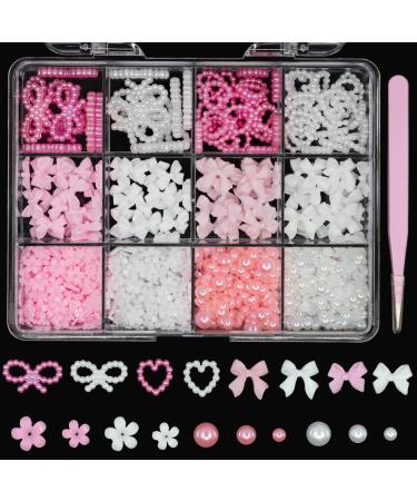 3D Nail Charms Accessories Pink Color Bows Nail Charms Acrylic Spring Blossom Tiny Flowers Heart Pearls Nail Charms Mix Sizes Flatback Pearls Nail Charms for Manicure DIY Crafts Jewel Accessories S1-pink white