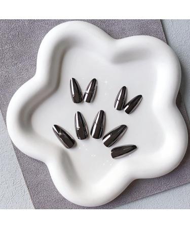 Smoky Grey Chrome Press On Nails | KQueenest Medium Almond Stiletto | 24 PCS Bling Fake Acrylic Nails for Daily & Party Wear - Buy Online on GoSupps.com