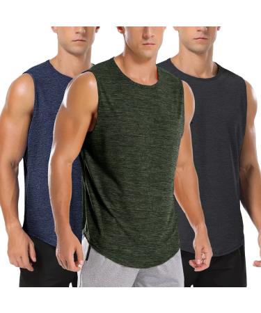 Amussiar Men's 3 Pack Workout Tank Tops Mesh Gym Sleeveless Dry Fit Bodybuilding Shirts Fitness Athletic Muscle Tee Black/Navy Blue/Green 3X-Large
