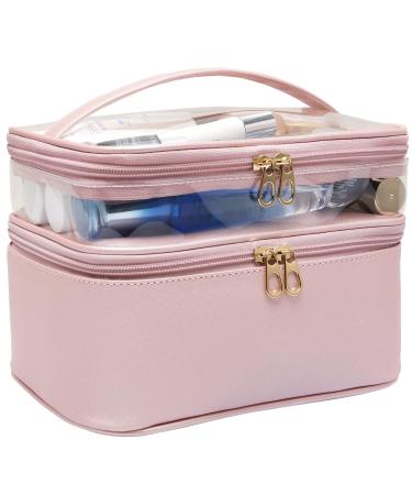 Makeup Bag,Leather Double Layer Large Makeup Organizer Bag,Travel Accessories Dorm Room Essentials Toiletry Bag for Women,Travel Essentials Cosmetic Bag Makeup Case with Detachable Divider for Brush 1-Pink