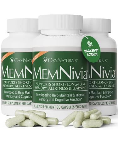 MemNivia Brain Supplements for Memory & Focus | Dual-Sage Stem Cell Formula with Cognivia Bacopa Holy Basil & Ginger | Clinically Proven Mental Clarity Support | 180 Capsules (3 Bottles) | USA Made 60 Count (Pack of 3)