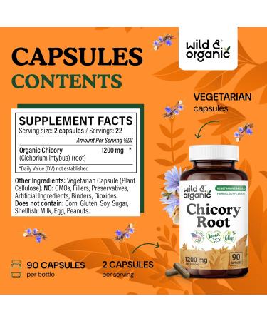 Wild & Organic Chicory Root Capsules - 1200 mg of Chicory Root Powder per Serving - Digestive & Gut Support - Inulin Fiber Prebiotic Supplement - Non-GMO Vegan Inulin Capsules - 90 Count 90 Count (Pack of 1) - Buy Online on GoSupps.com