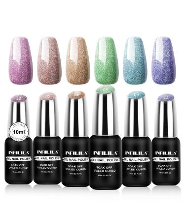 NXJ INFILILA Glitter Gel Nail Polish 6 Colors Gel Nail Polish Set 10ml Reflective Gel Polish Set Diamond Glitter Nail Polish Diamond Sparkle Gel Nail Polish UV LED Soak Off Manicure Kit