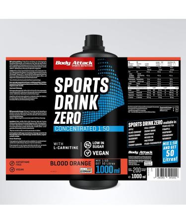 Body Attack Zero Sports Drink - Blood Orange 1000 ML | Vegan Energy Drink Concentrate | Low Sugar Low Fat | 200 Portions | Made in Germany | Vitamins & Minerals - Buy Online on GoSupps.com