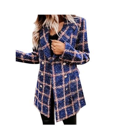 Briskorry women's woolen cloth coat grid wool coat double-breasted coat long sleeves suit collar outwear elegant cardigan blazer purple XL