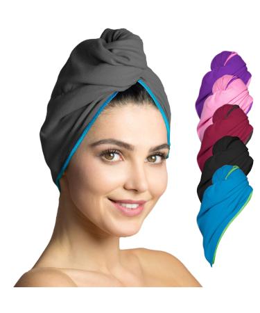 Fit -flip hair turban microfiber - 1 piece suction -strong and quick -drying - special turban towel as well as hair towel (dark gray -blue) 1 piece 05 - dark gray with blue seam