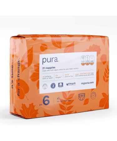 Pura Eco-Diapers Size 6 (XL 15+ kg) - 105 Organic Cotton Diapers EU Ecolabel Certified Monthly Box for Sensitive Skin 12-Hour Odorless Protection - Buy Online on GoSupps.com