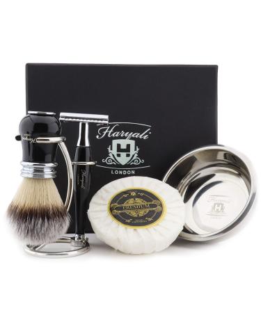 Haryali London Razor Set for Men double -sided razor plane with a razor brush made of synthetic roof hair stand soap and bowl