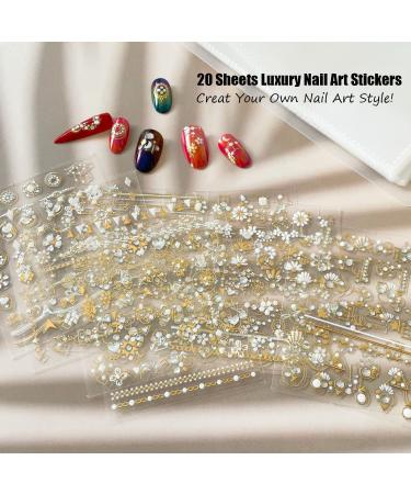 3D Nail Art Stickers Gold/Diamond Design - Luxury Self-Adhesive Decals for Women & Girls - Salon Quality Metallic Nail Stickers - Includes Nail Tweezers - 11-20 Sheets - Buy Online on GoSupps.com