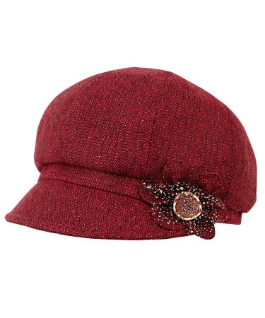 ColorSun Classic Retro Visor Newsboy Cabbie Cap Beret Hats with Flower Buckle for Woman Ladies 1red Wine