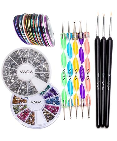 Nail Art Accessoires Set Kit With 5 colorful double ends Dotting tools Dotter SWIRLS 3 Details Brush panes with 2000 silver STRESSESTESES Decorations crystals/jewels and 10 rolls decorative strips