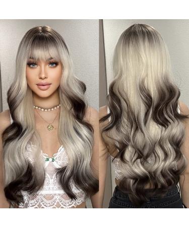 HAIRCUBE Long Blonde to Dark Brown Wigs for Women Synthetic Curly Hair Wig with Neat Fringe Blonde to Brown
