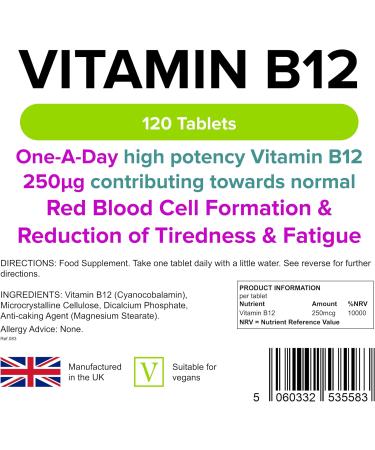 Lindens Vitamin B12 250mcg - 120 Tablets for Red Blood Cell Formation and Fatigue Reduction - UK Manufacturer - Cherry Flavor - Letterbox Friendly - 120 Count - Buy Online on GoSupps.com