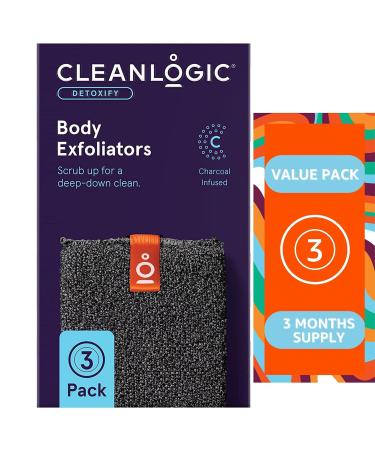 Cleanlogic Detoxify Charcoal Infused Exfoliating Body Scrubber - 3 Pack - Buy Online on GoSupps.com