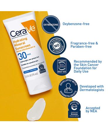CeraVe 100% Mineral Sunscreen SPF 30 for Sensitive Skin with Hyaluronic Acid, Niacinamide, and Ceramides - 2.5 fl oz - Buy Online on GoSupps.com