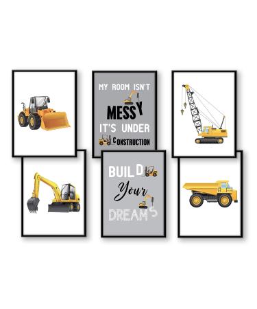 Set of 6 pictures construction vehicles excavator crane children's room decoration picture boy baby room poster DIN A4 truck construction site forklift roller car vehicle decoration No frame