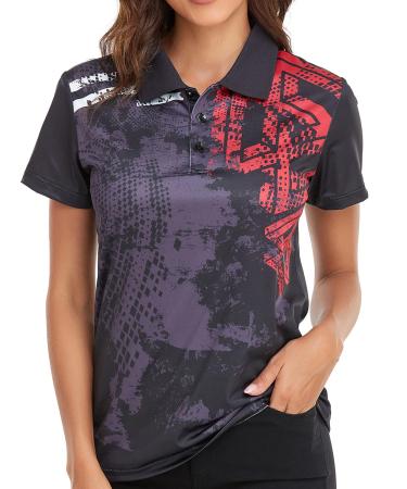 JACKETOWN Womens Polo Shirts Printed Polo Wicking Shirts Summer Tops Short Sleeve T-Shirt Athletic Shirts Large Black 2