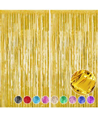 2Pcs Gold Foil Fringe Curtain - HADEEONG 3.28ft x 6.56ft Metallic Tinsel Backdrop Party Streamers Door Curtains Photo Backdrop for Wedding Birthday Bridal Shower Baby Shower Party Decorations