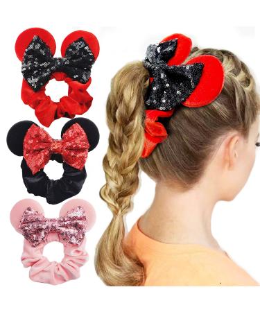 3Pcs Hair Scrunchies Mouse Ears Bows Scrunchies,Sequin Bows Velvet Elastic Rubber Hair Accessories,Ropes Ponytail Holder Hair Ties,Shower Headband Sparkle Bow Hair Band for Women Girl (Black+Red+Pink)