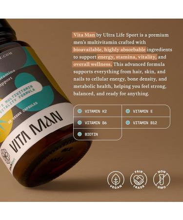 Ultra Life Sport - VITA Man Premium Men's Multivitamin - 30 Capsule Daily Vitamins for Men with Vitamin E K2 MK-7 and B Vitamins for Maximum Absorption - 100% Vegan Organic Non-GMO Gluten Free - Buy Online on GoSupps.com