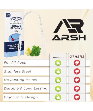 Arsh Tongue Scraper for Adults & Kids - Stainless Steel Tongue Cleaner for Oral Care Bad Breath Reduction and Hygiene - Durable Tongue Scrubber (White - Buy Online on GoSupps.com