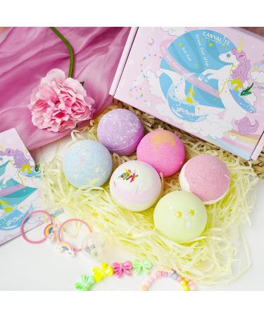 Canvalite Unicorn Bath Bombs for Kids - 6 Pc Gift Set with Surprise Inside | Organic Natural Spa Fizzy Bubbles | Skin Friendly | Fizz Balls with Jewelry Toy | Strawberry Scented - Buy Online on GoSupps.com