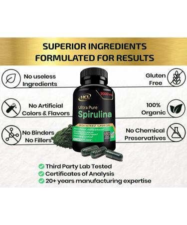 Organic Spirulina Powder Capsules 3000mg - Non-Irradiated Blue Green Algae - Vegan Protein - Green Superfood - 180 Pills Made in USA - Buy Online on GoSupps.com