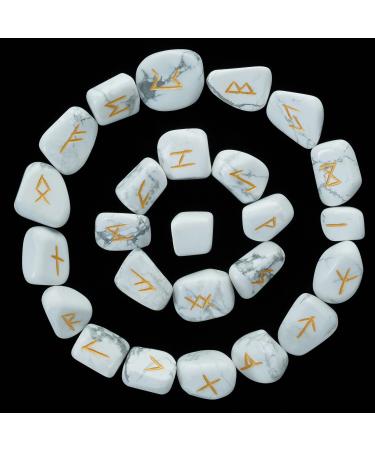 Crocon Howlite Rune Stones Set Engraved with Elder futhark Crystal Runes Set Reiki Healing runas for Meditation Chakra Balancing Rune Stone for Beginners with Crystal Guide & Pouch |15-20 mm