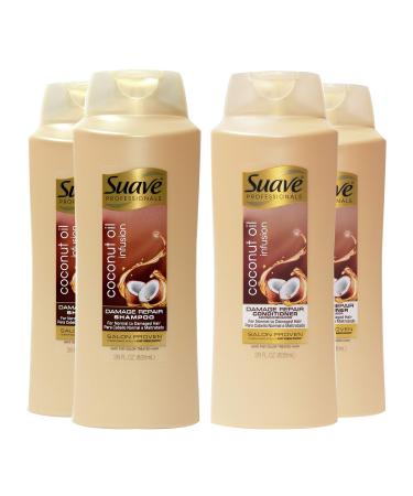 Suave Professionals Damage Repair Shampoo + Conditioner Coconut Oil 28 Fl Oz (Pack of 4)