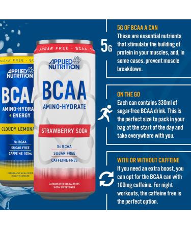 Applied Nutrition BCAA Energy Drink - Caffeine Free BCAA Amino Hydrate Sugar Free Branch Chained Amino Acids (Pack of 12) (Strawberry Soda) - Buy Online on GoSupps.com
