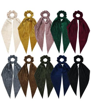 Cinaci 10 Pieces Solid Velvet Hair Ties with Long Ribbon Bow Tail Hair Scrunchies Bands Ponytail Holders Elastics Accessories for Women Girls