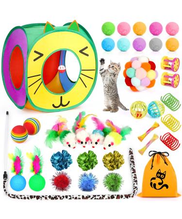 37 PCS Cat Toys, Interactive Cat Kitten Toys for Indoor Cats Kitty, Variety Catnip Toy Set Including Collapsible Cat Tunnel Tube Tent, Cat Feather Teaser Wand, Cat Bell, Fuzzy Ball, Spring, Mouse Toy