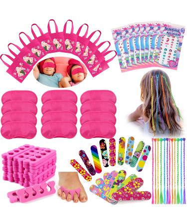 Tacobear Spa Party Supplies for Girls Multiple Spa Party Favors for Kids with 12 Tote Bags 24 Emery Boards 12 Colored Hair Clip Braids 24 Toe Separators 12 Pink Spa Masks 12 Unicorn Nail Decal Sets