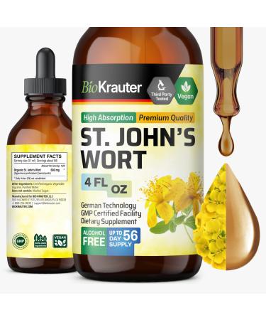 BIO KRAUTER St Johns Wort Tincture - Hypericum Perforatum Liquid Extract for Mood Support - High Absorption - St Johns Wort Alcohol Free Vegan Drops 4 Fl.Oz. 4 Fl Oz (Pack of 1)