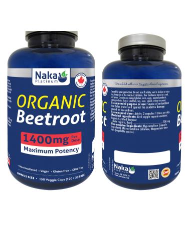 Naka Organic Beetroot 1400mg per dose Maximum Potency Made in Canada (120+30 FREE) (150 vcaps) 150 count (Pack of 1)