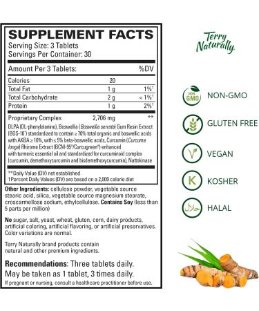 Terry Naturally Curamin Extra Strength - 90 Tablets - Pain Relief Supplement with Curcumin & Boswellia - Non-Addictive Formula - Non-GMO Vegan - Gluten Free - Buy Online on GoSupps.com