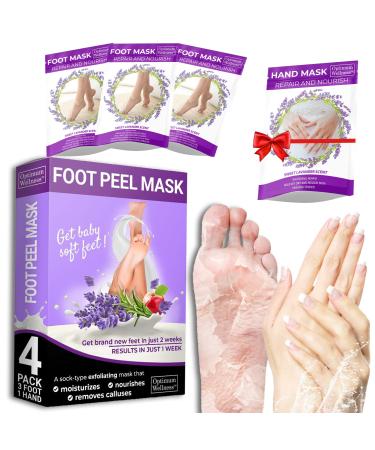 Optimum Foot Peel Mask (4Pack) + Hand Mask | Lavender Foot Callus Eliminator, Cracked Heel Repair | Moisturizing Socks for Dry Feet, Exfoliating Dead Skin Remover | Get Baby-Soft Smooth Radiant Feet