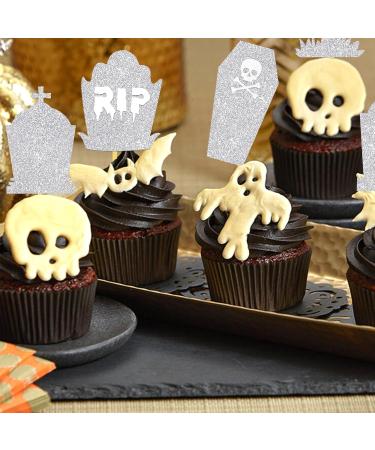Silver Halloween Tombstone Cupcake Toppers Glitter RIP Spooky Skull Food Picks Cemetery Graves Zombie Birthday Party Decoration 24PCS - Buy Online on GoSupps.com