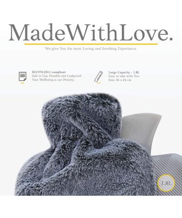Qomfor Hot Water Bottle with Soft Cover - 1.8L Large - Pain Relief for Neck, Shoulders, Menstrual Cramps - Hot/Cold Therapy - Dark Grey - Buy Online on GoSupps.com