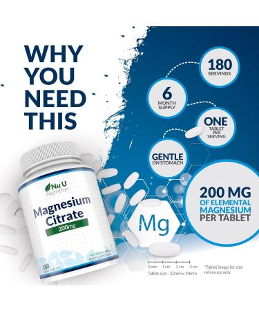 Magnesium Citrate 200mg | 180 Tablets | 6 Month Supply | UK Made by Nu U Nutrition - Buy Online on GoSupps.com