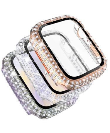 Fullife 3-Pack Crystal Diamond Bling Cases Compatible with Apple Watch 40mm Protective Bumper with Tempered Glass Protector for iWatch Series 6 5 4 SE Rosegold/Rainbow/Clear RoseGold/Iridescent/Clear 40mm