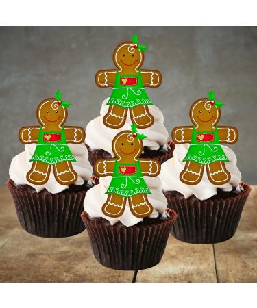 PRECUT Gingerbread Woman Cupcake Toppers Edible Christmas Cake Decorations Christmas Decorations Christmas Gingerbread Man Cake Topper (24)