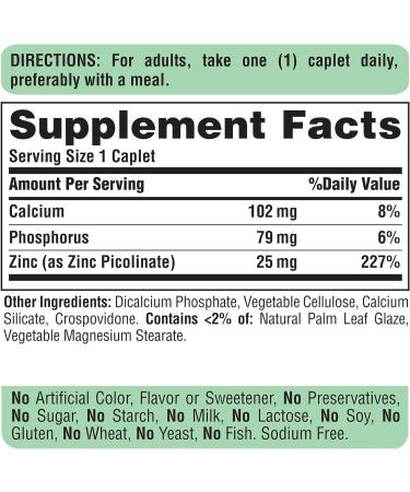 Puritan's Pride Zinc Picolinate 25mg Caplets for Immune System Health - 100 Count Pack - Buy Online on GoSupps.com