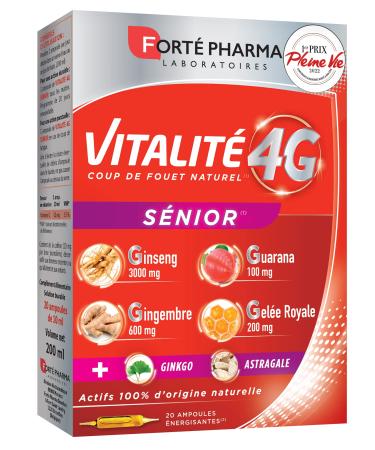Forté Pharma - Vitality 4G Senior | Energy Supplement - Ginseng, Ginger, Guarana and Royal Jelly | 20 bulbs