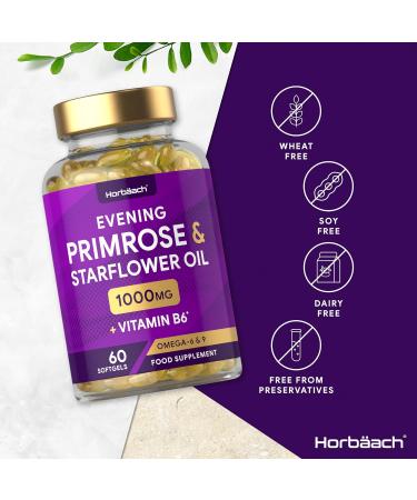 Evening Primrose and Starflower Oil Capsules 1000mg | with Vitamin B6 | 60 Softgels | Rich Source of Omega 6 GLA & 9 Oleic Fatty Acids | by Horbaach - Buy Online on GoSupps.com